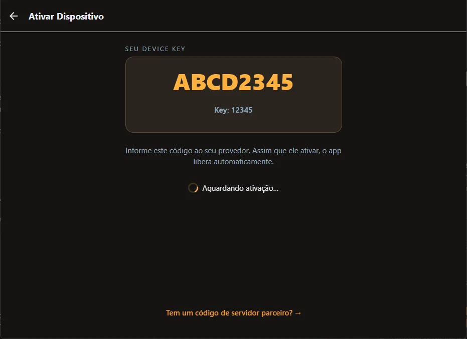 Tela Ativar dispositivo do app com o Device ID e a Key em destaque