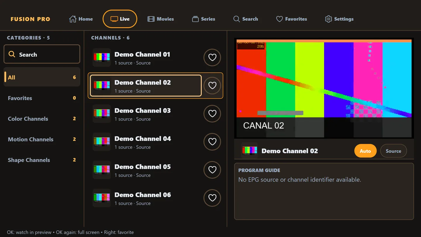 Fusion PRO Player live TV screen with categories, list and video preview