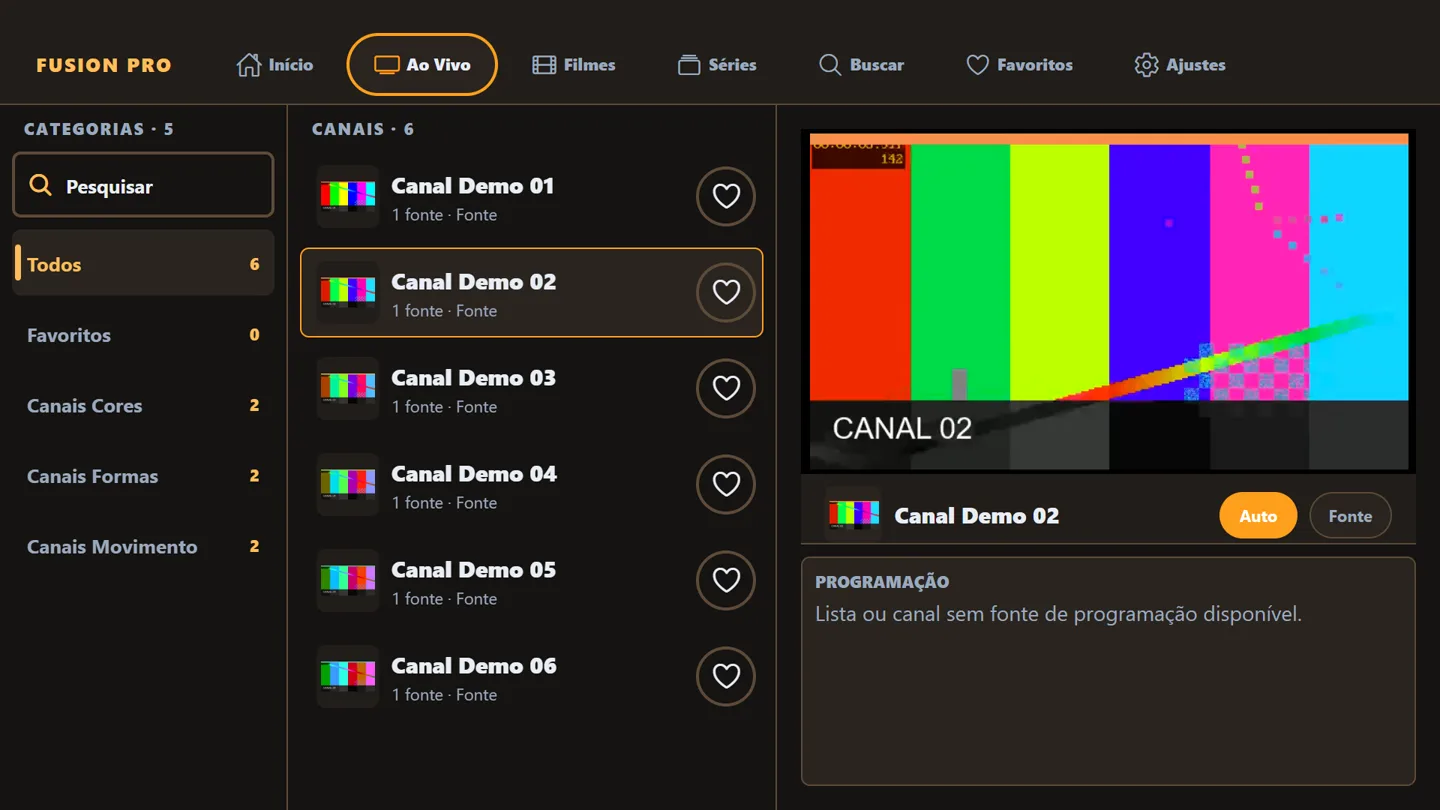 Tela de TV ao vivo do Fusion PRO Player com categorias, lista e prévia do vídeo